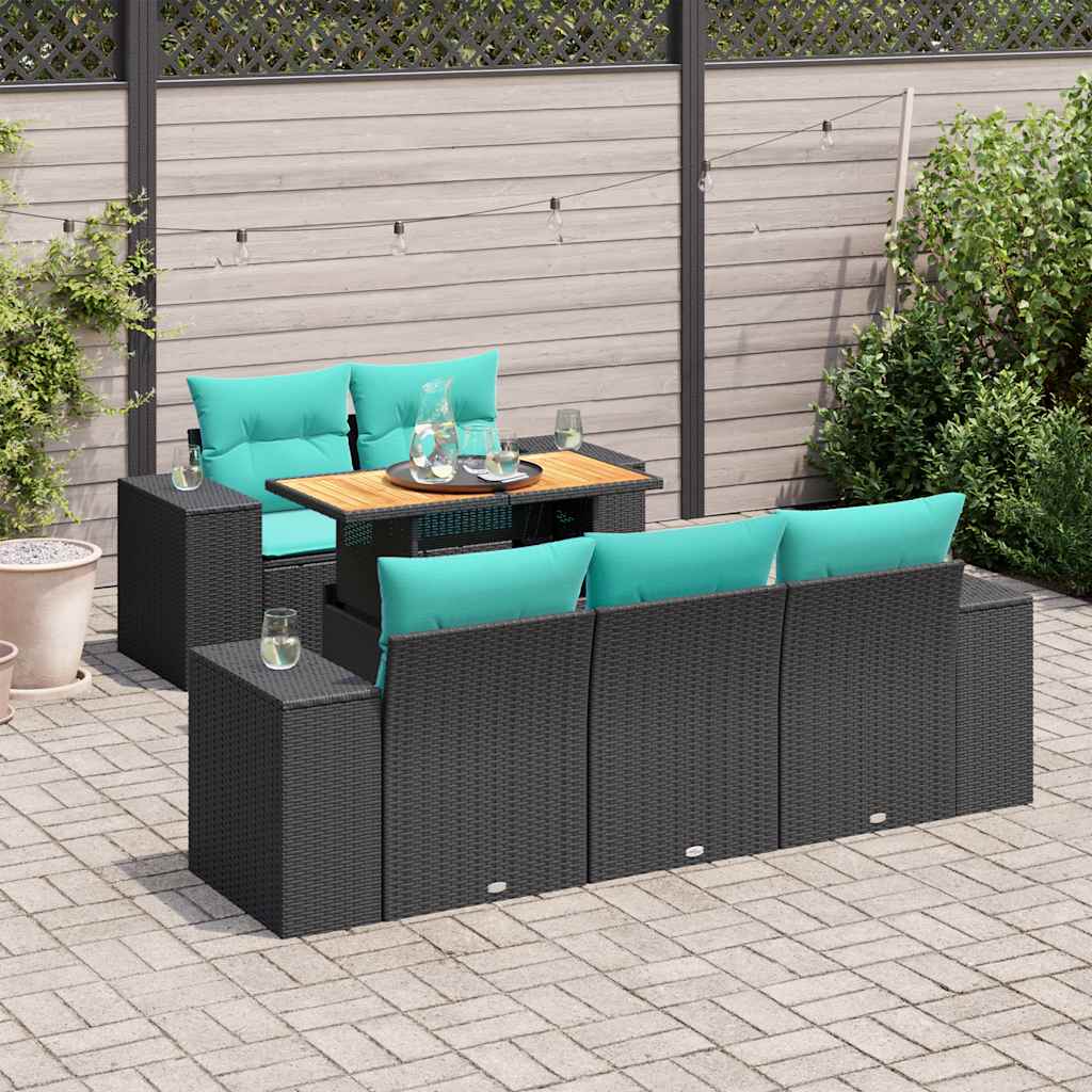 6-delige Loungeset met kussens poly rattan zwart – afbeelding 1