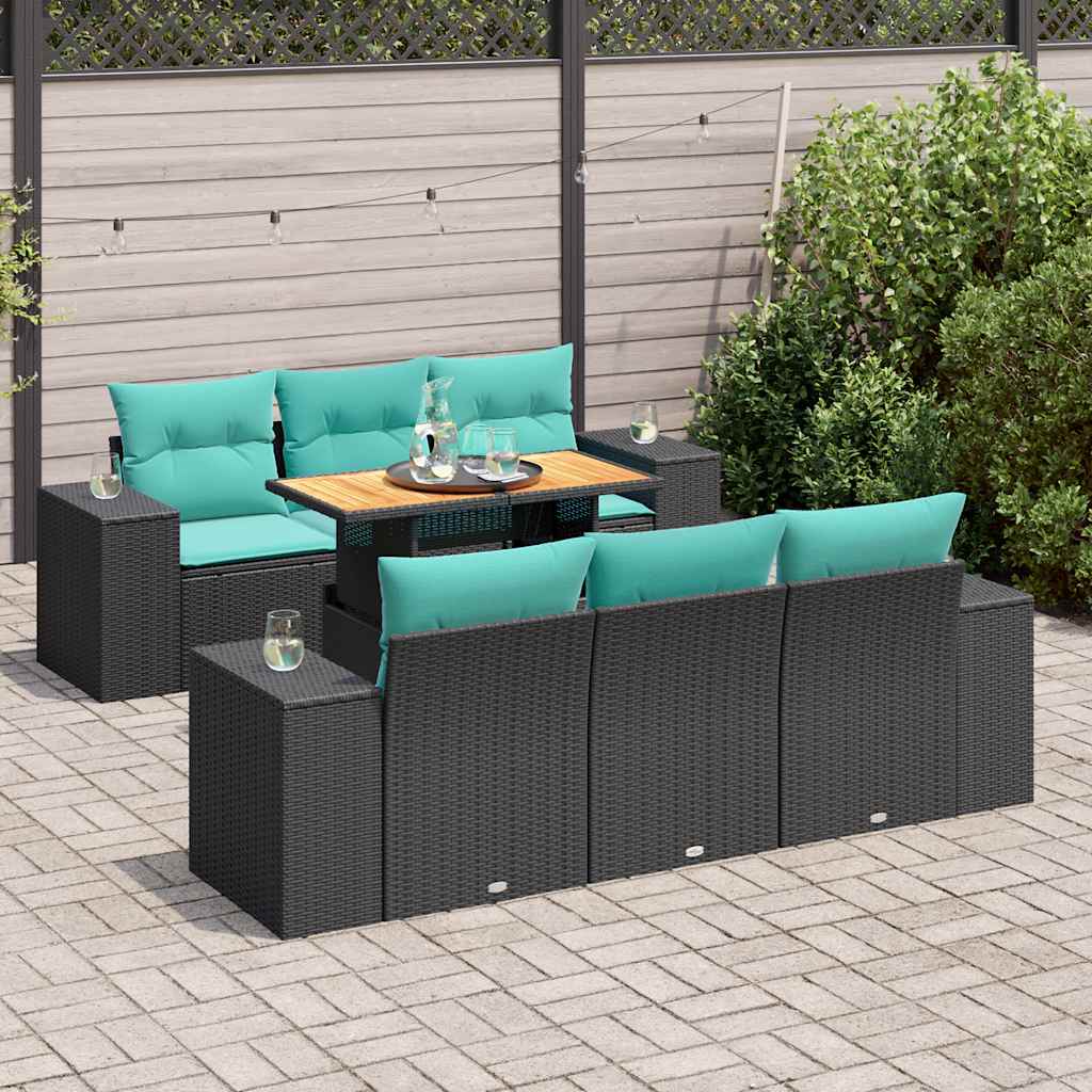 7-delige Loungeset met kussens poly rattan zwart – afbeelding 1