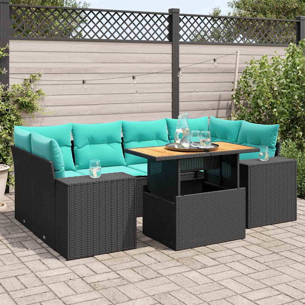 7-delige Loungeset met kussens poly rattan zwart – afbeelding 1