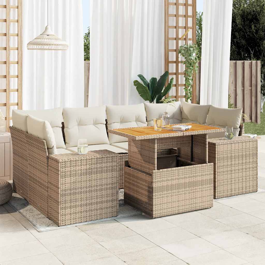7-delige Loungeset met kussens poly rattan beige – afbeelding 1