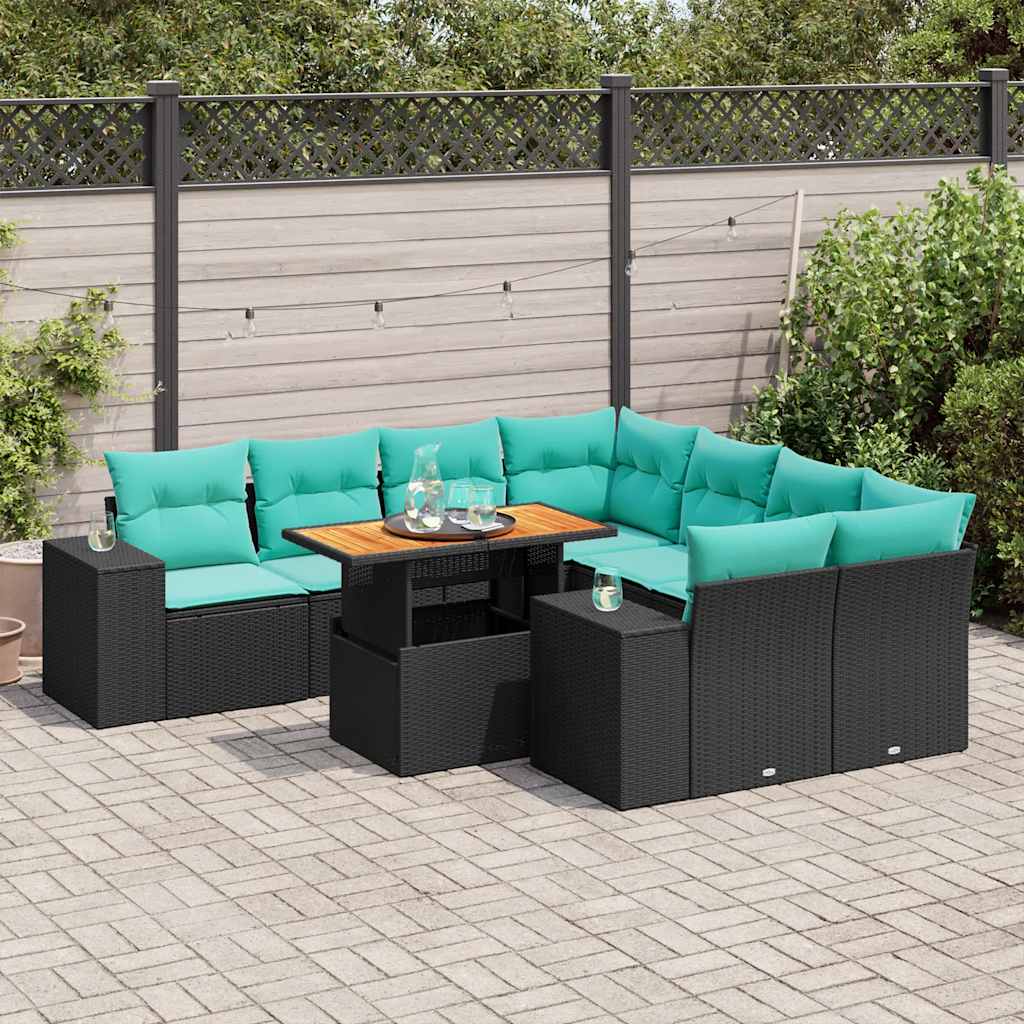 9-delige Loungeset met kussens poly rattan zwart – afbeelding 1