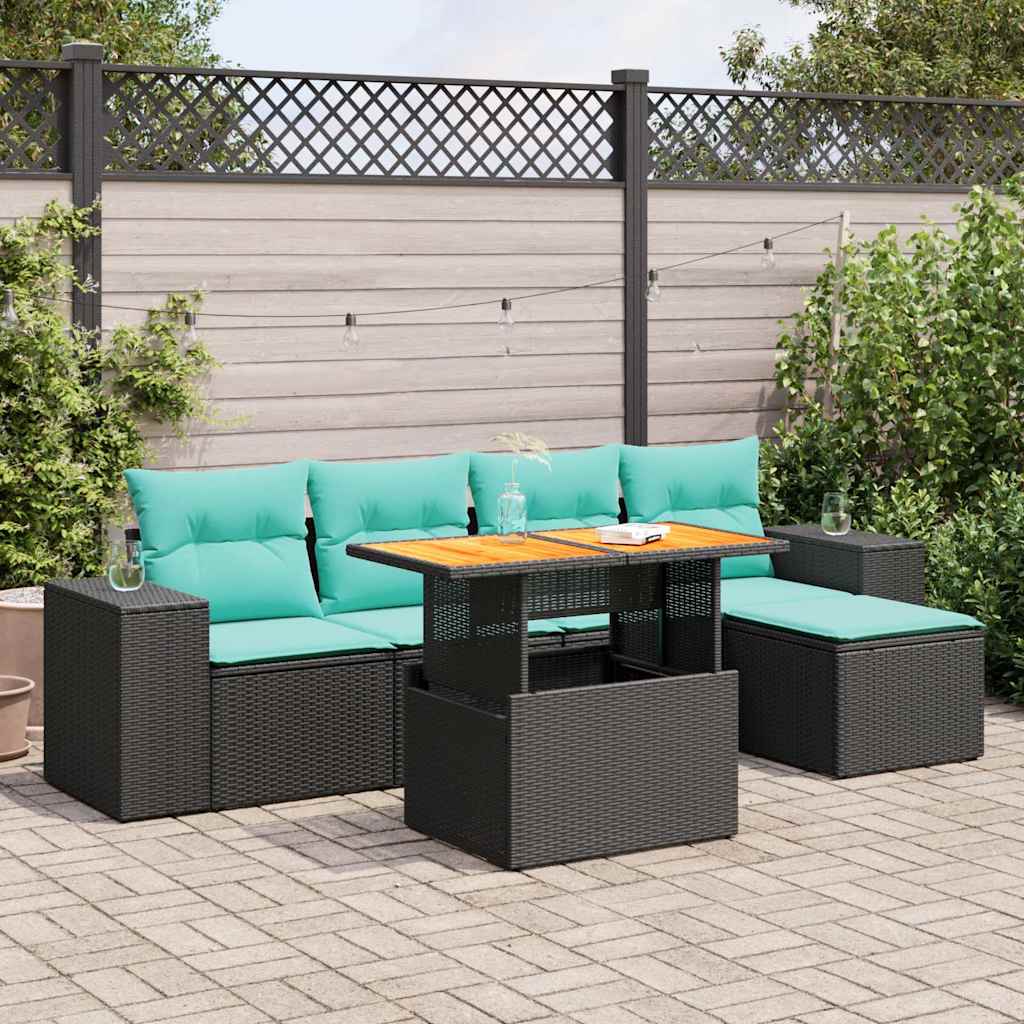 6-delige Loungeset met kussens poly rattan zwart – afbeelding 1
