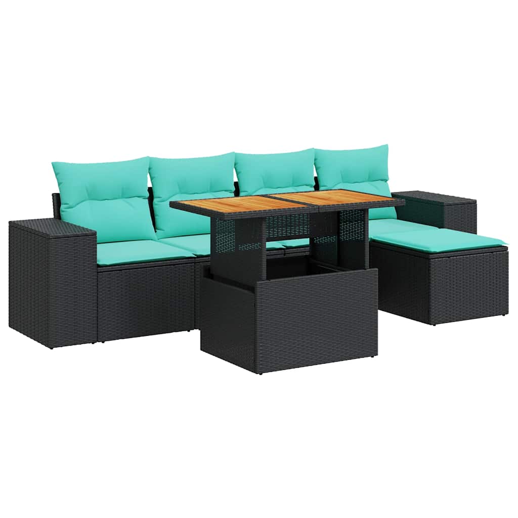 6-delige Loungeset met kussens poly rattan zwart – afbeelding 2