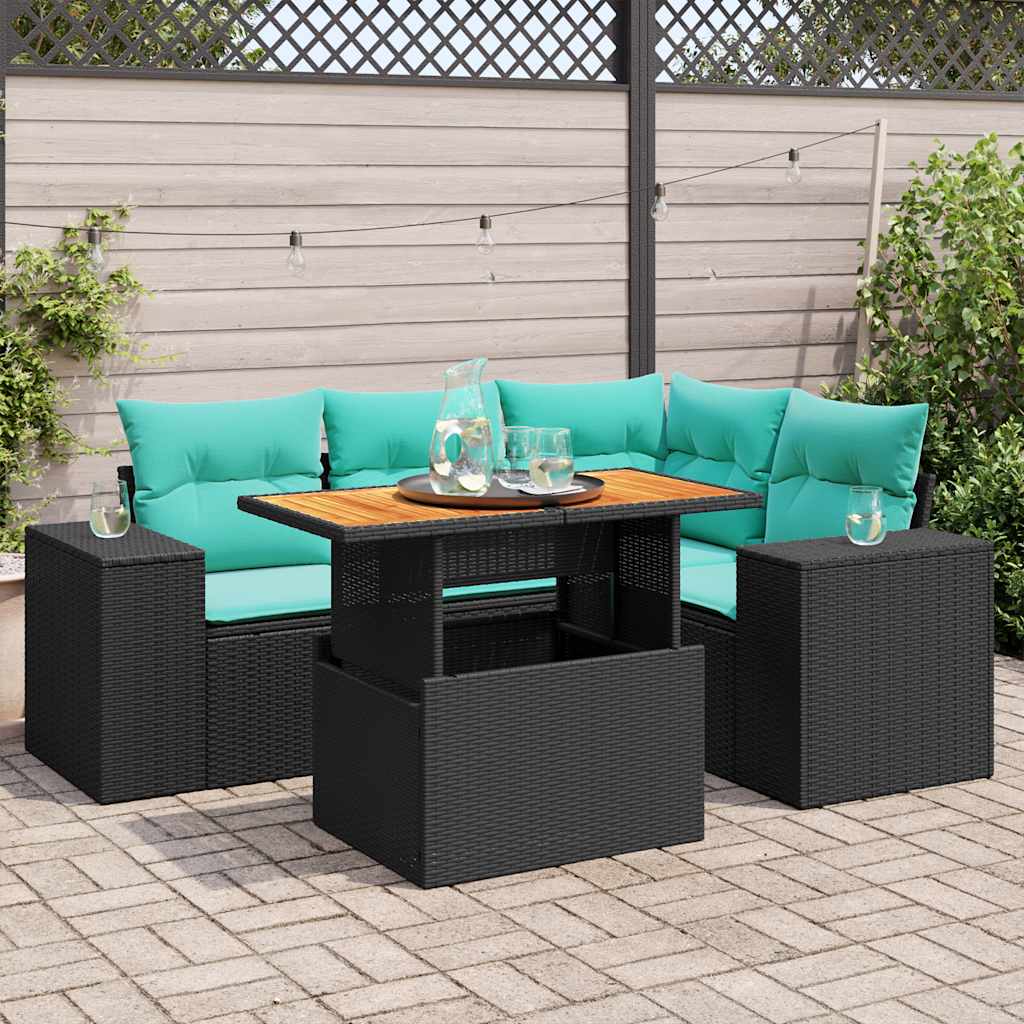 5-delige Loungeset met kussens poly rattan zwart – afbeelding 1