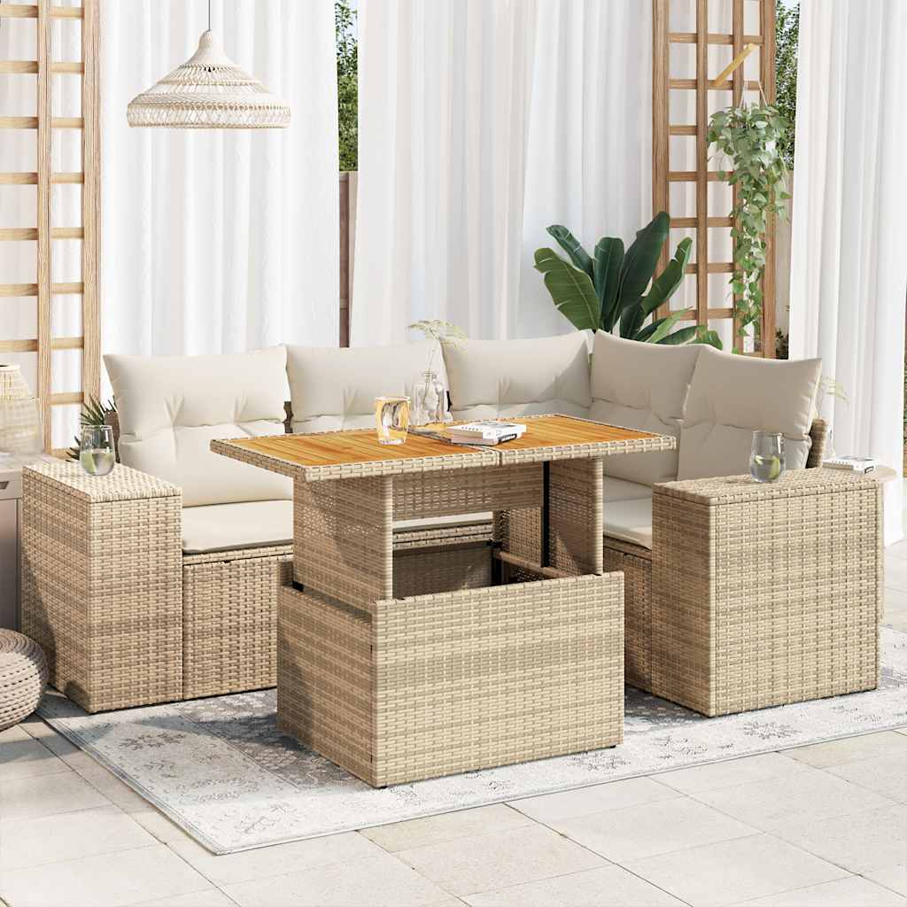 5-delige Loungeset met kussens poly rattan beige – afbeelding 1