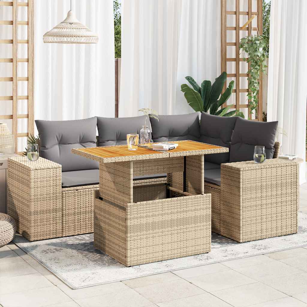 5-delige Loungeset met kussens poly rattan beige – afbeelding 1