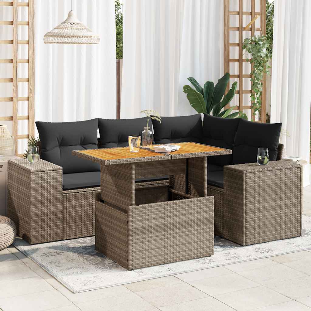 5-delige Loungeset met kussens poly rattan grijs – afbeelding 1