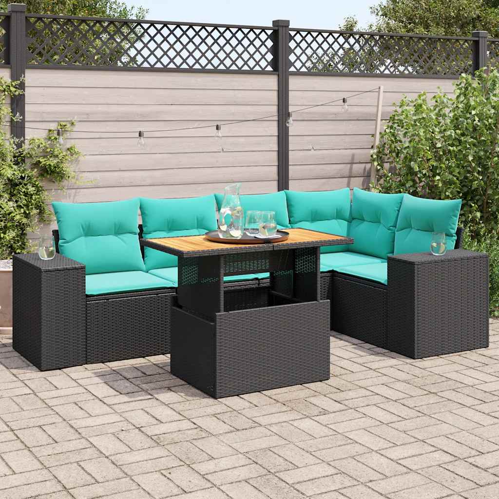 6-delige Loungeset met kussens poly rattan zwart – afbeelding 1
