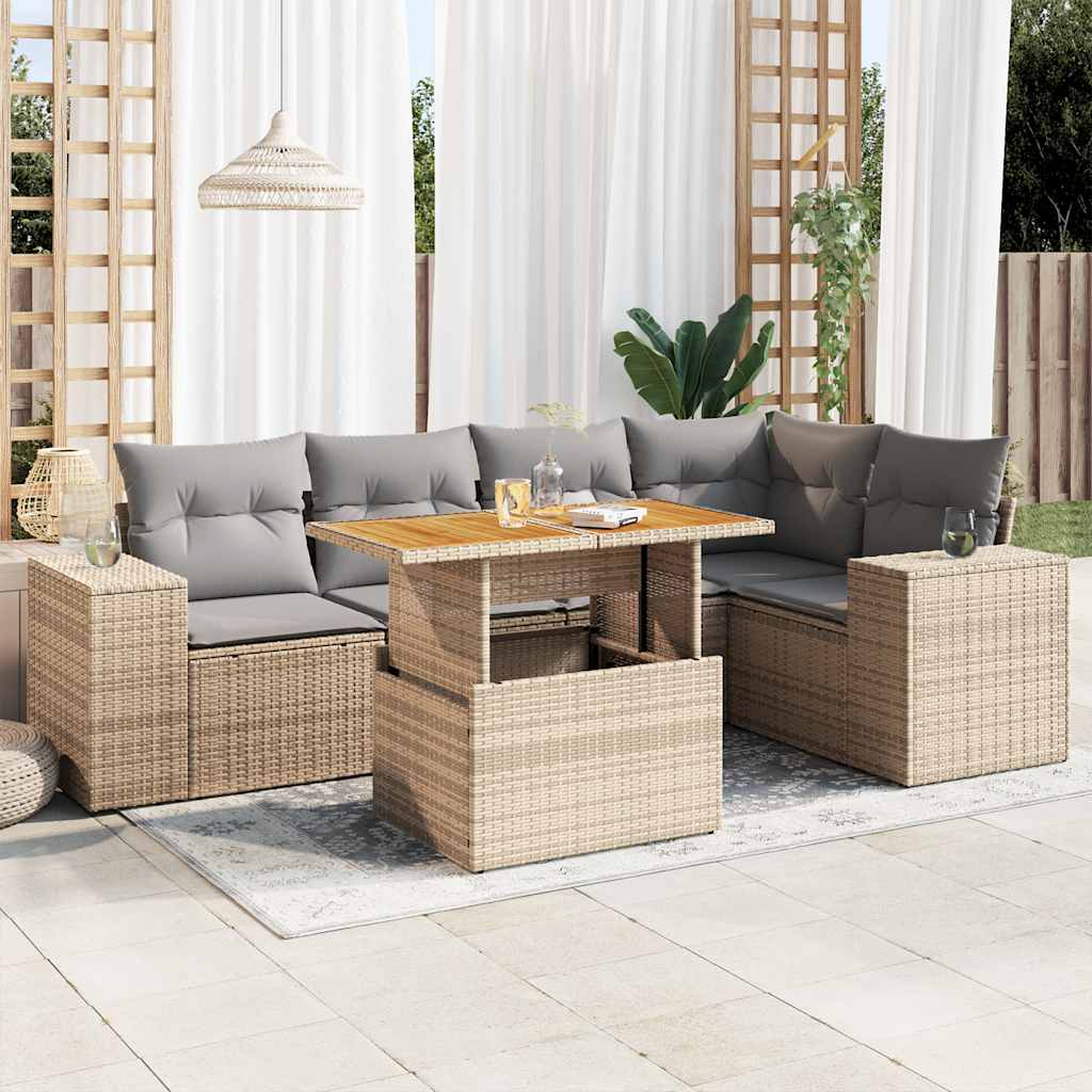 6-delige Loungeset met kussens poly rattan beige – afbeelding 1