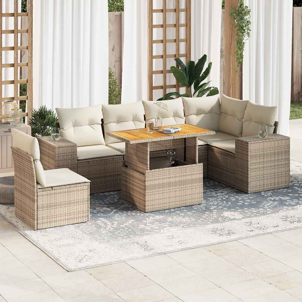 7-delige Loungeset met kussens poly rattan beige – afbeelding 1
