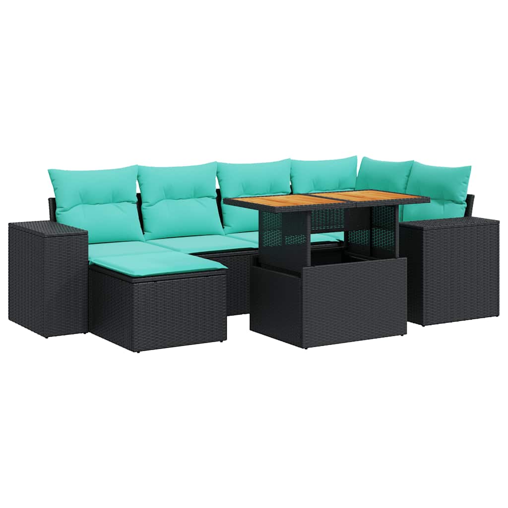 7-delige Loungeset met kussens poly rattan zwart – afbeelding 2