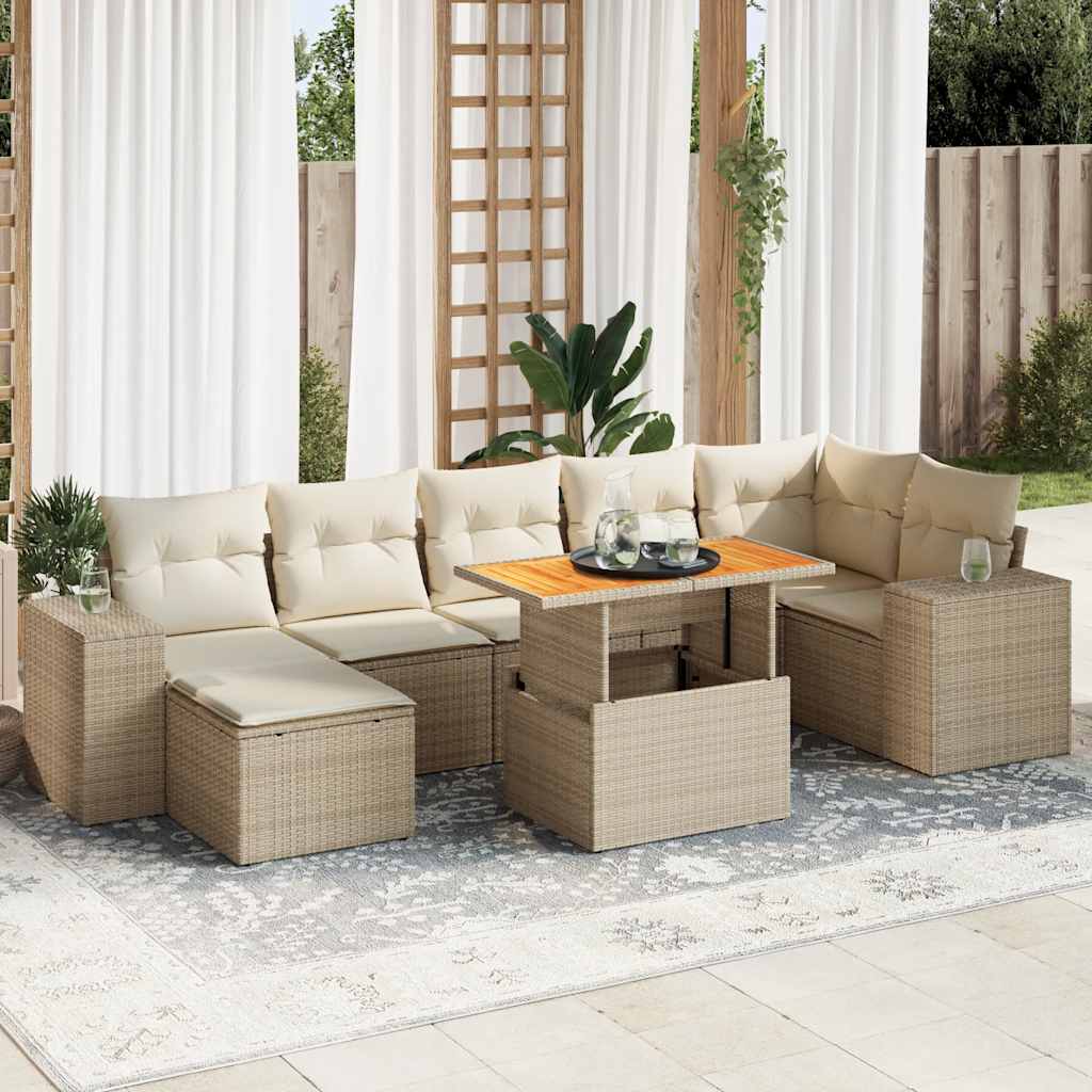 8-delige Loungeset met kussens poly rattan beige – afbeelding 1