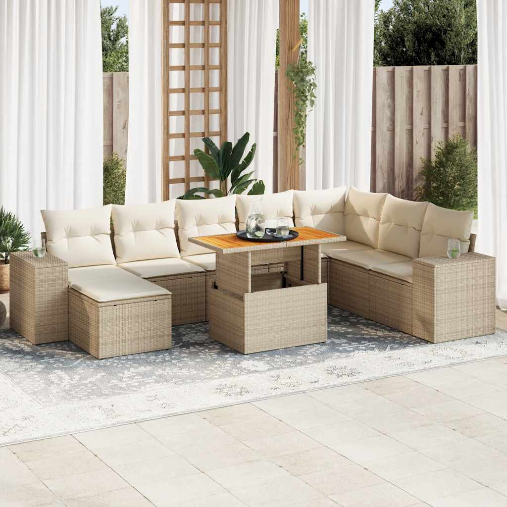 9-delige Loungeset met kussens poly rattan acacia beige – afbeelding 1