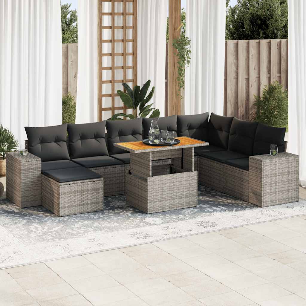 9-delige Loungeset met kussens poly rattan acacia grijs – afbeelding 1