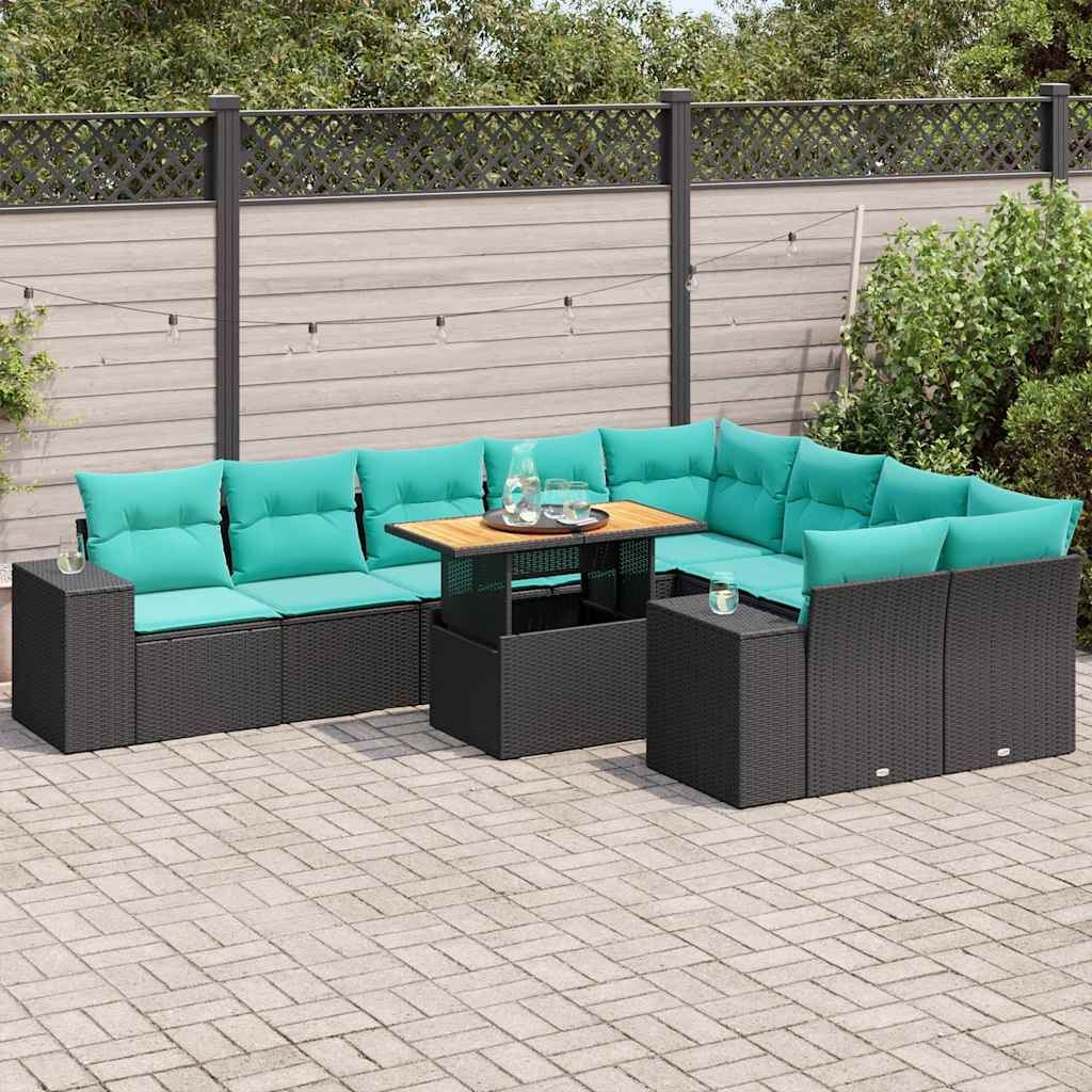 10-delige Loungeset met kussens poly rattan zwart – afbeelding 1