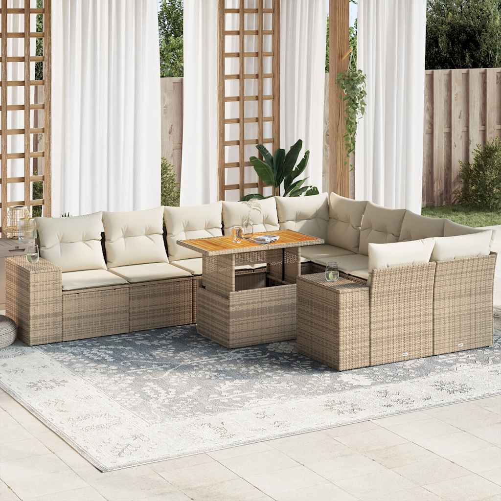 10-delige Loungeset met kussens poly rattan acacia beige – afbeelding 1