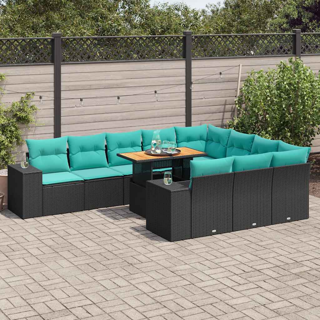 11-delige Loungeset met kussens poly rattan zwart – afbeelding 1