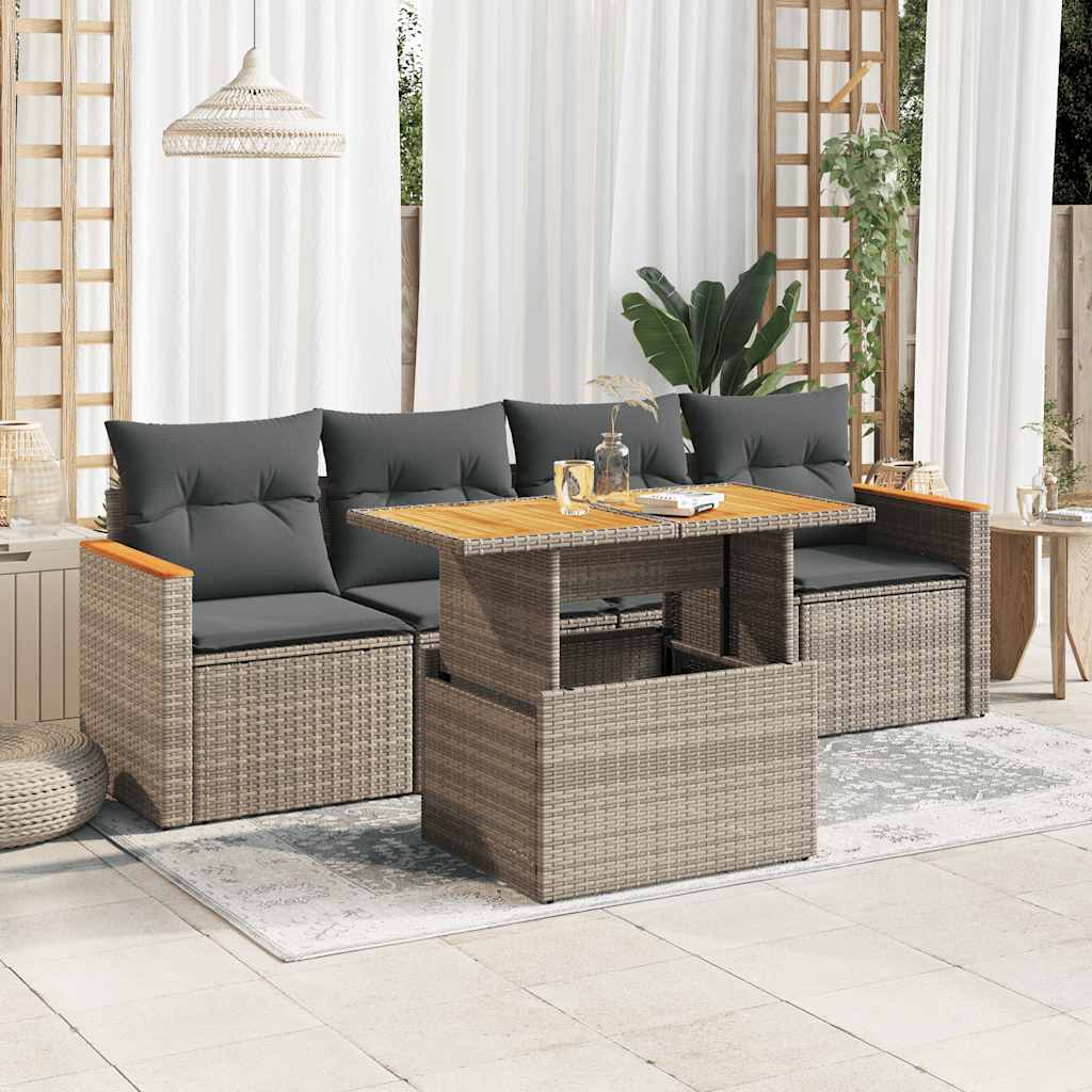 5-delige Loungeset met kussens poly rattan acacia grijs