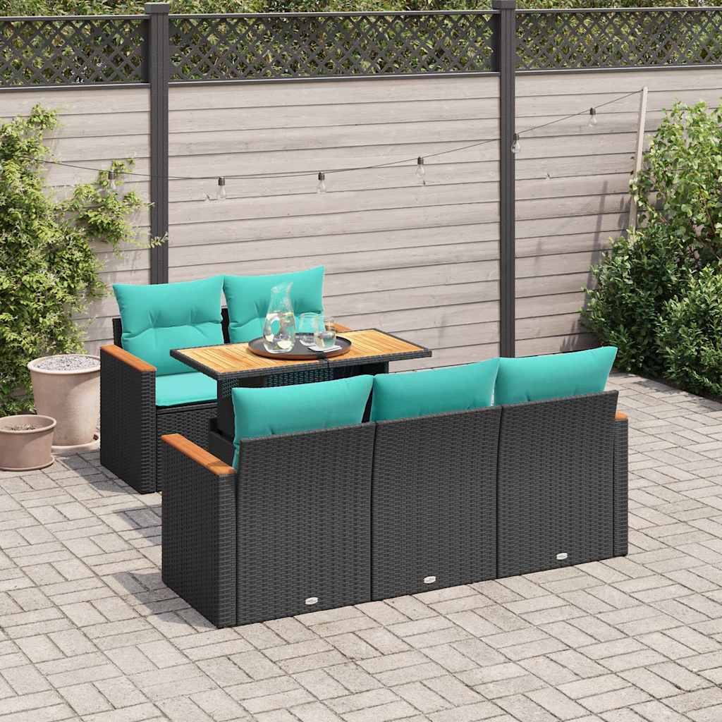 6-delige Loungeset met kussens poly rattan zwart – afbeelding 1
