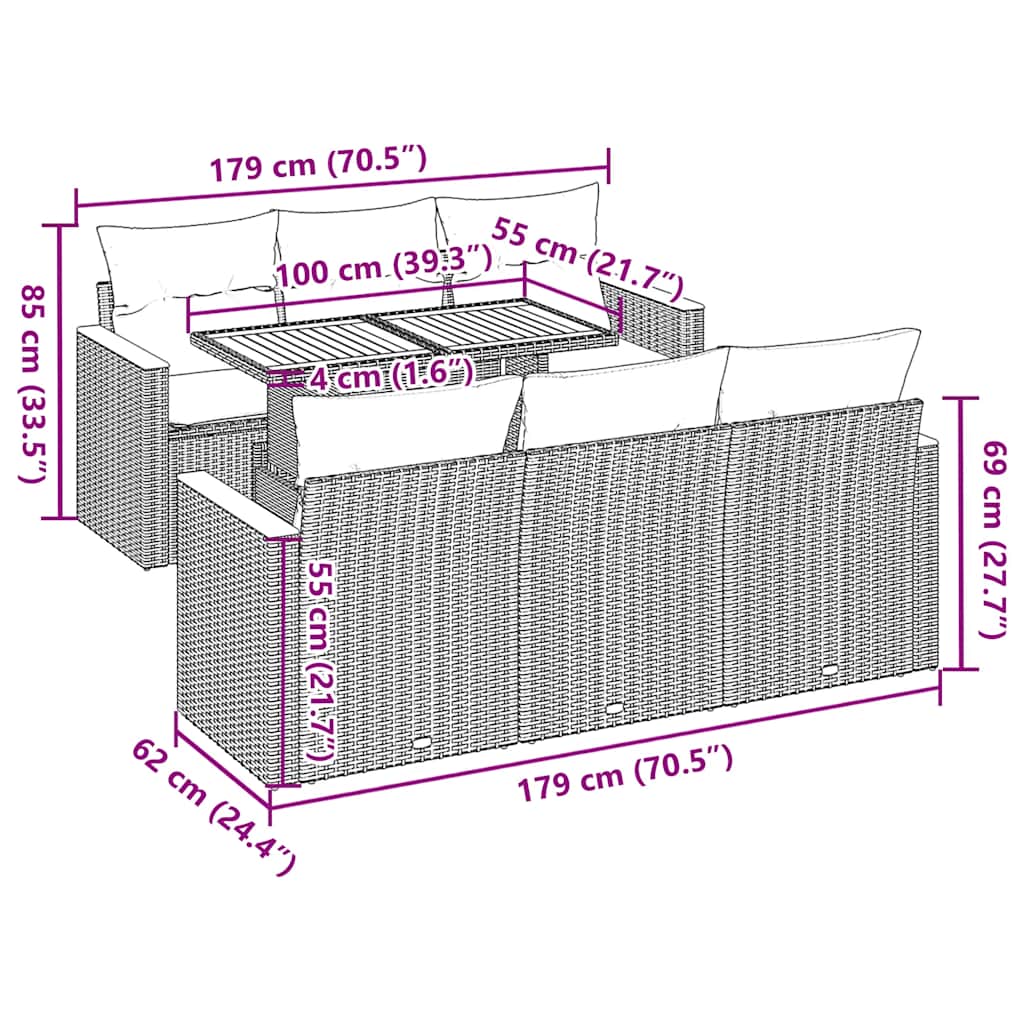 7-delige Loungeset met kussens poly rattan zwart – afbeelding 12