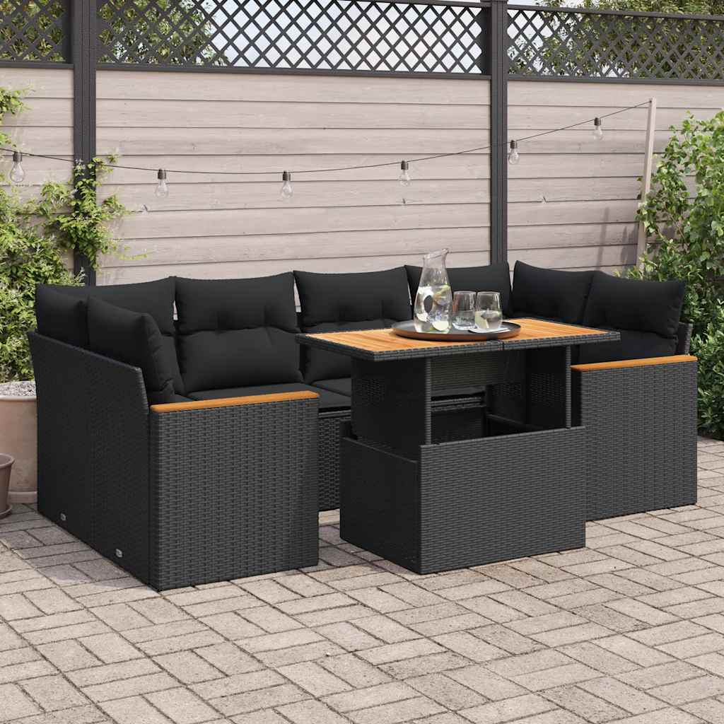 6-delige Loungeset met kussens poly rattan acacia zwart – afbeelding 1