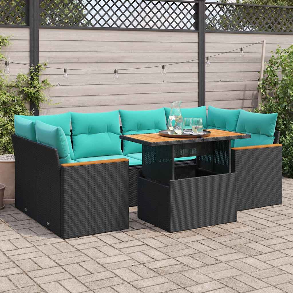 7-delige Loungeset met kussens poly rattan zwart – afbeelding 1