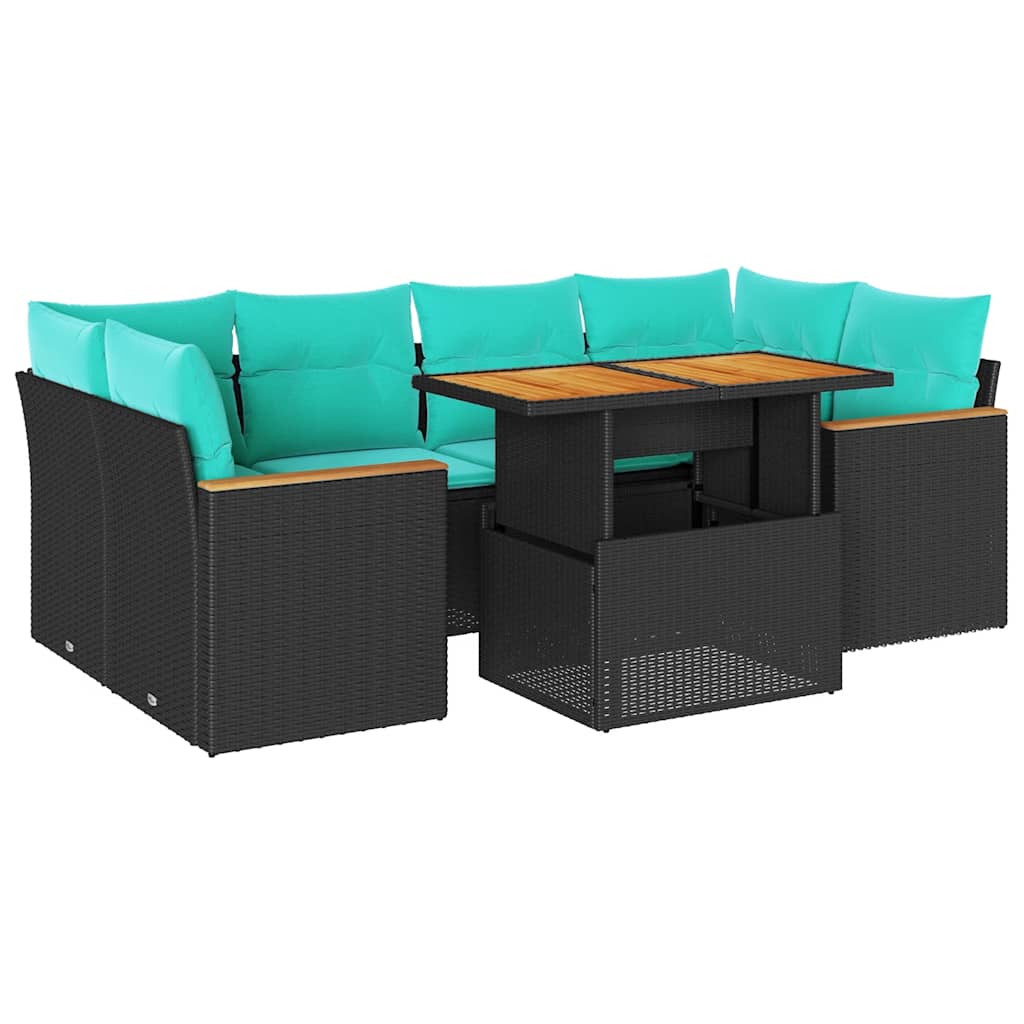 7-delige Loungeset met kussens poly rattan zwart – afbeelding 2