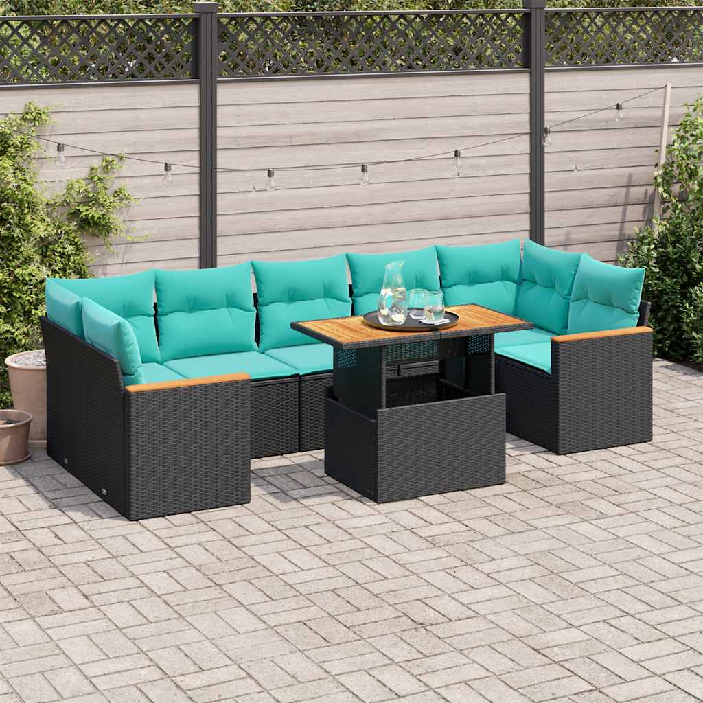 8-delige Loungeset met kussens poly rattan zwart – afbeelding 1