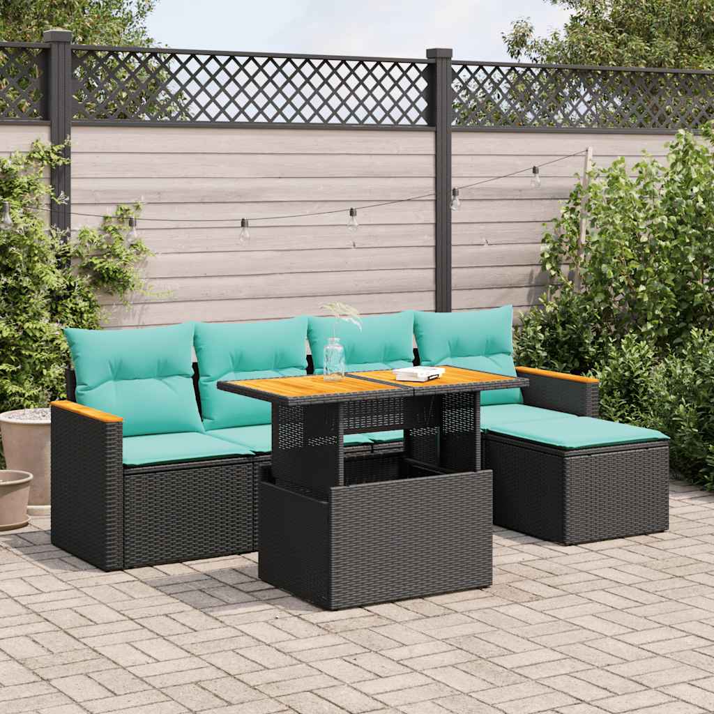6-delige Loungeset met kussens poly rattan zwart – afbeelding 1