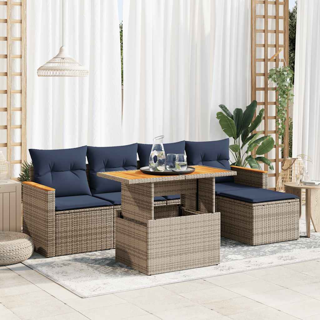 6-delige Loungeset met kussens poly rattan grijs – afbeelding 1