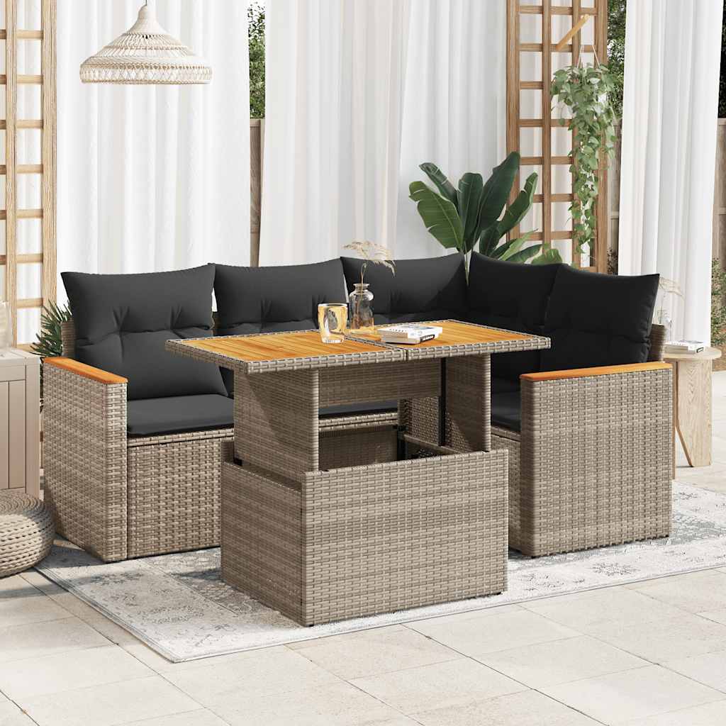 5-delige Loungeset met kussens poly rattan acacia grijs – afbeelding 1