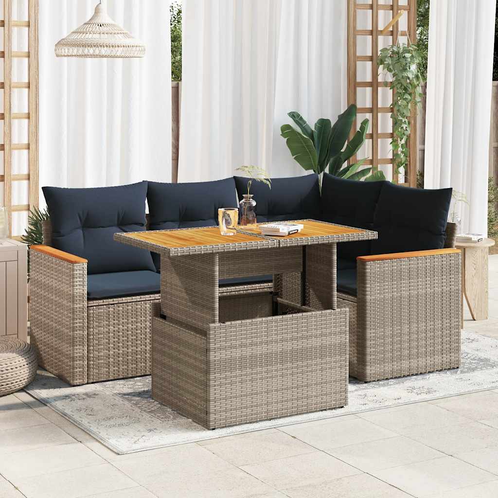 5-delige Loungeset met kussens poly rattan grijs – afbeelding 1