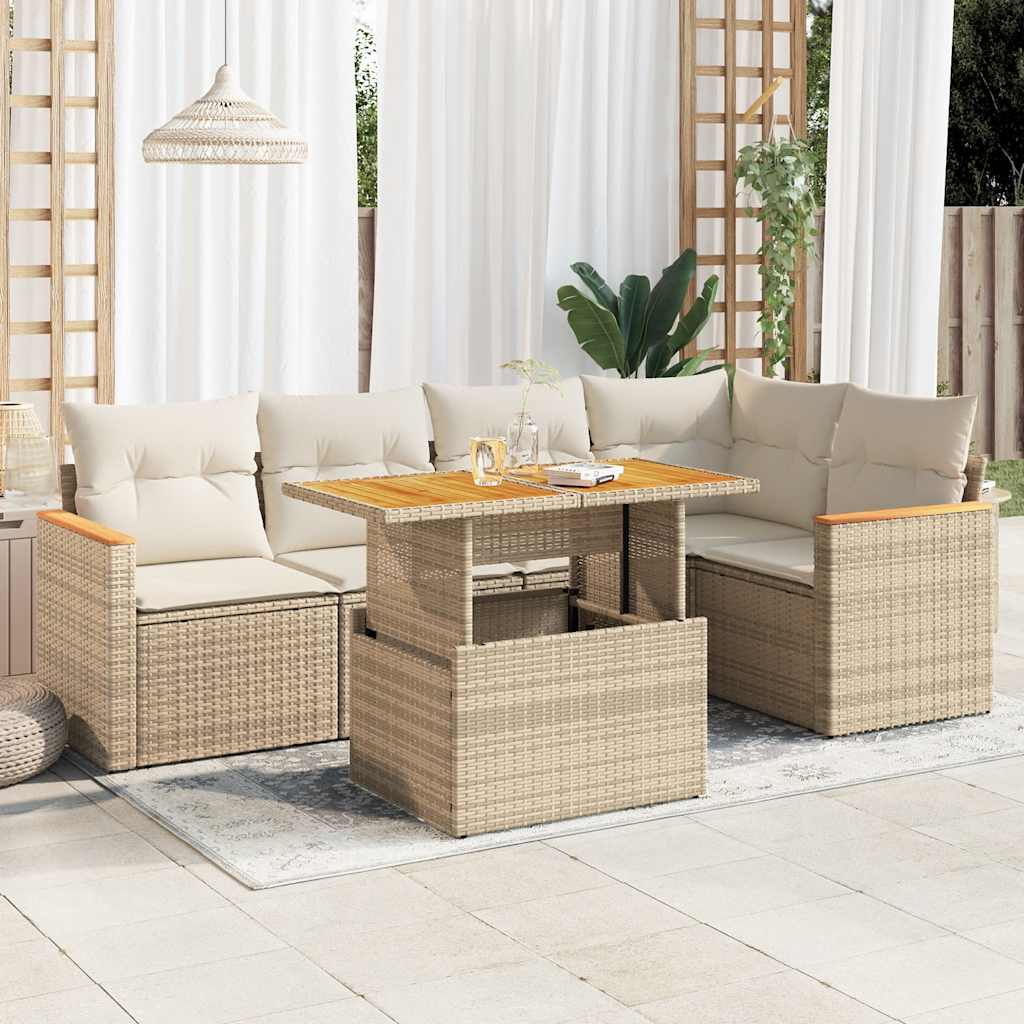6-delige Loungeset met kussens poly rattan acacia beige – afbeelding 1