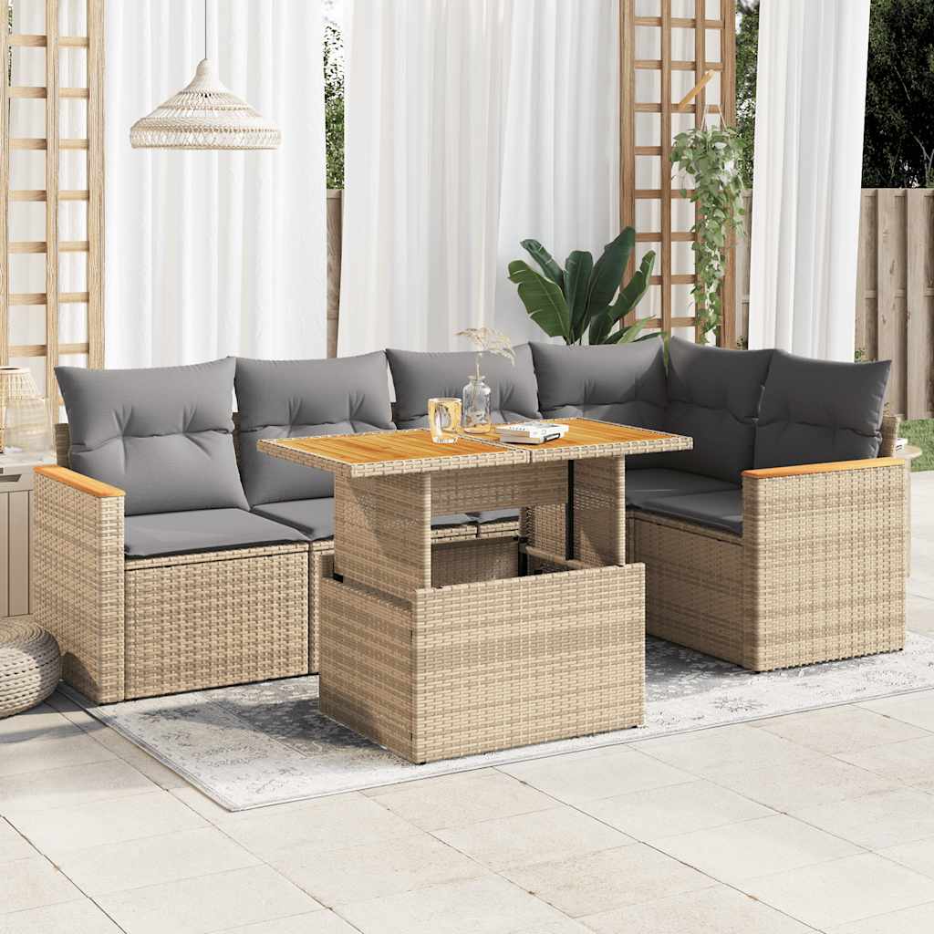 6-delige Loungeset met kussens poly rattan acacia beige – afbeelding 1