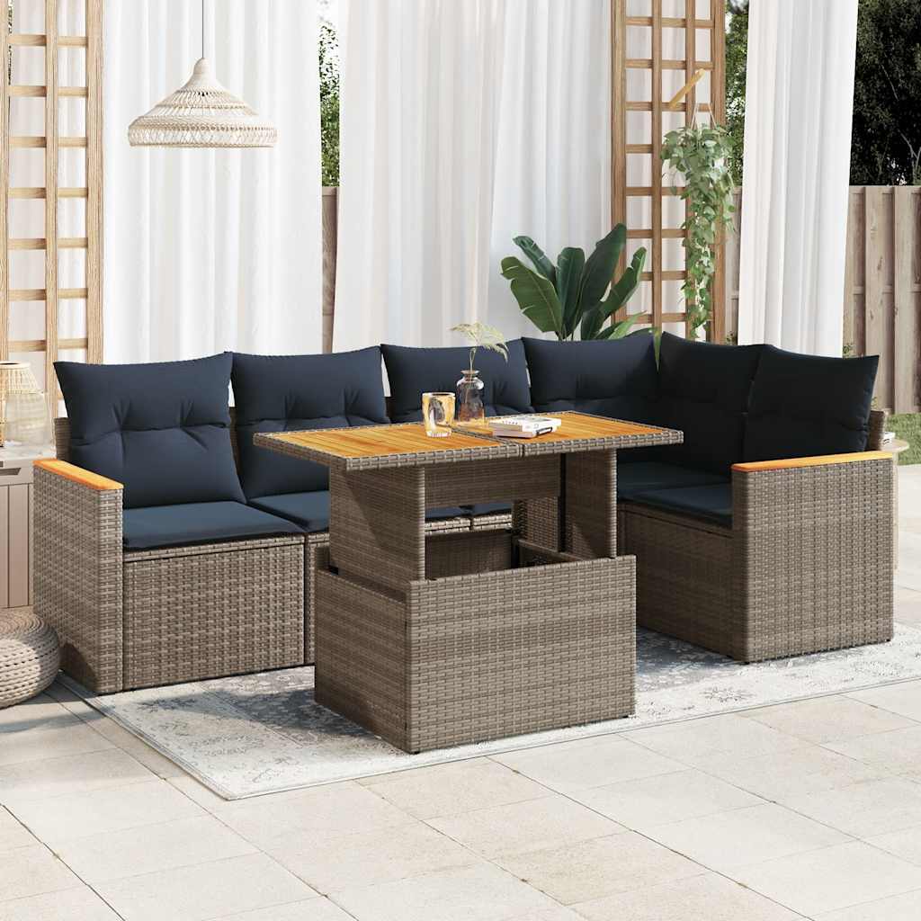 6-delige Loungeset met kussens poly rattan grijs – afbeelding 1