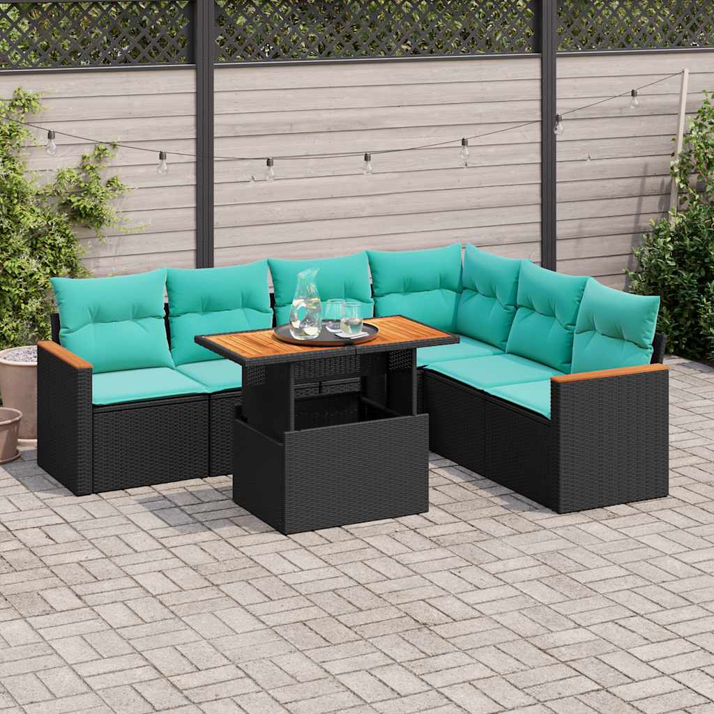 7-delige Loungeset met kussens poly rattan zwart – afbeelding 1