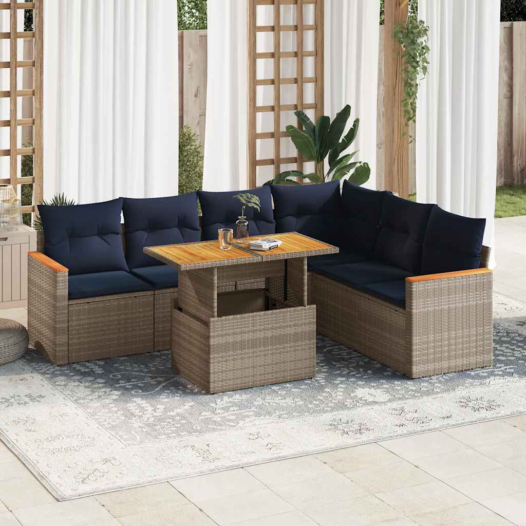 7-delige Loungeset met kussens poly rattan grijs – afbeelding 1