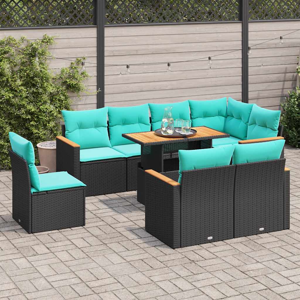 9-delige Loungeset met kussens poly rattan zwart – afbeelding 1