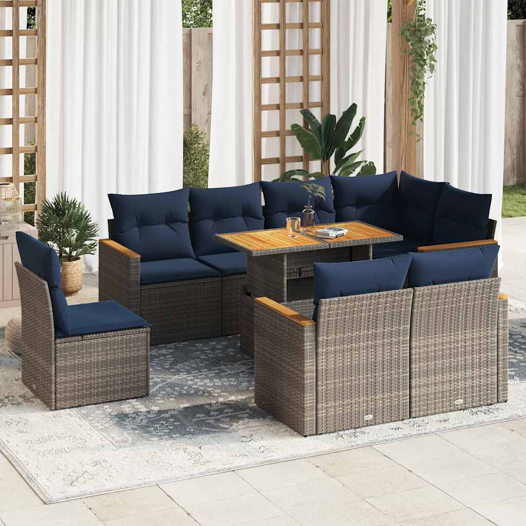 9-delige Loungeset met kussens poly rattan grijs – afbeelding 1
