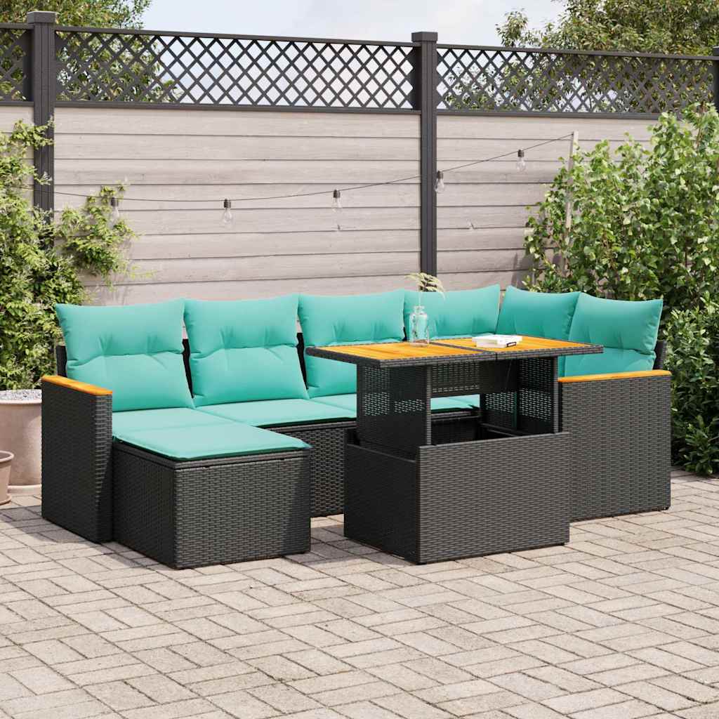 7-delige Loungeset met kussens poly rattan zwart – afbeelding 1