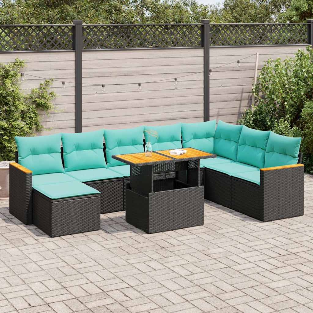9-delige Loungeset met kussens poly rattan zwart – afbeelding 1