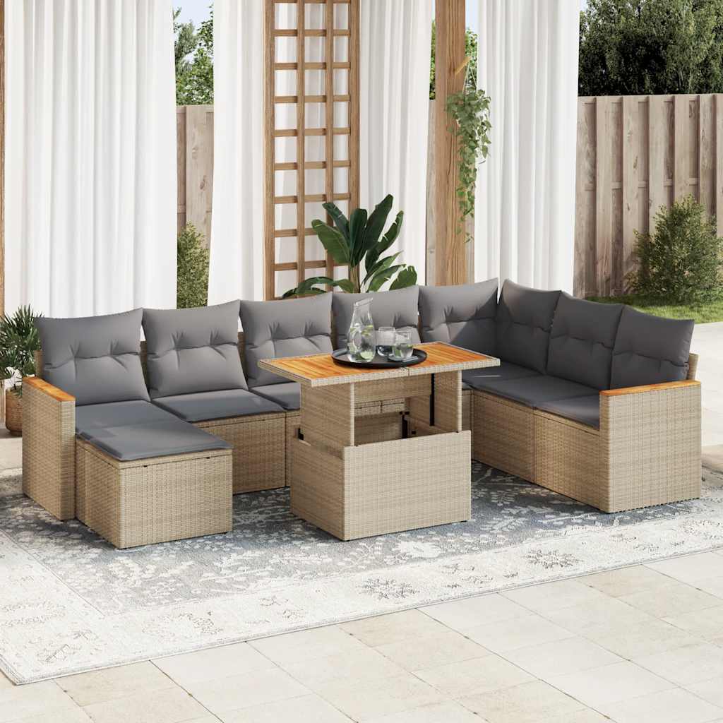 9-delige Loungeset met kussens poly rattan acacia beige – afbeelding 1