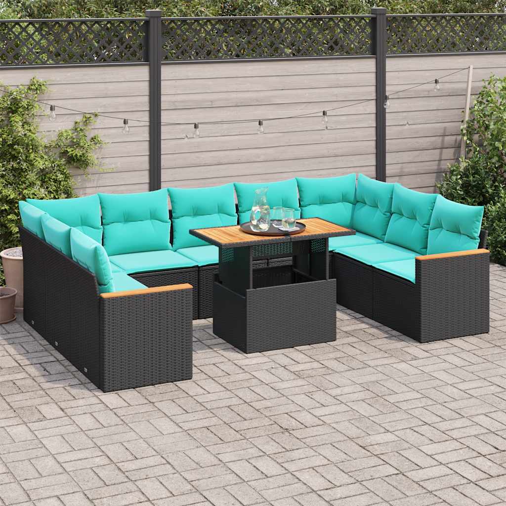 10-delige Loungeset met kussens poly rattan zwart – afbeelding 1