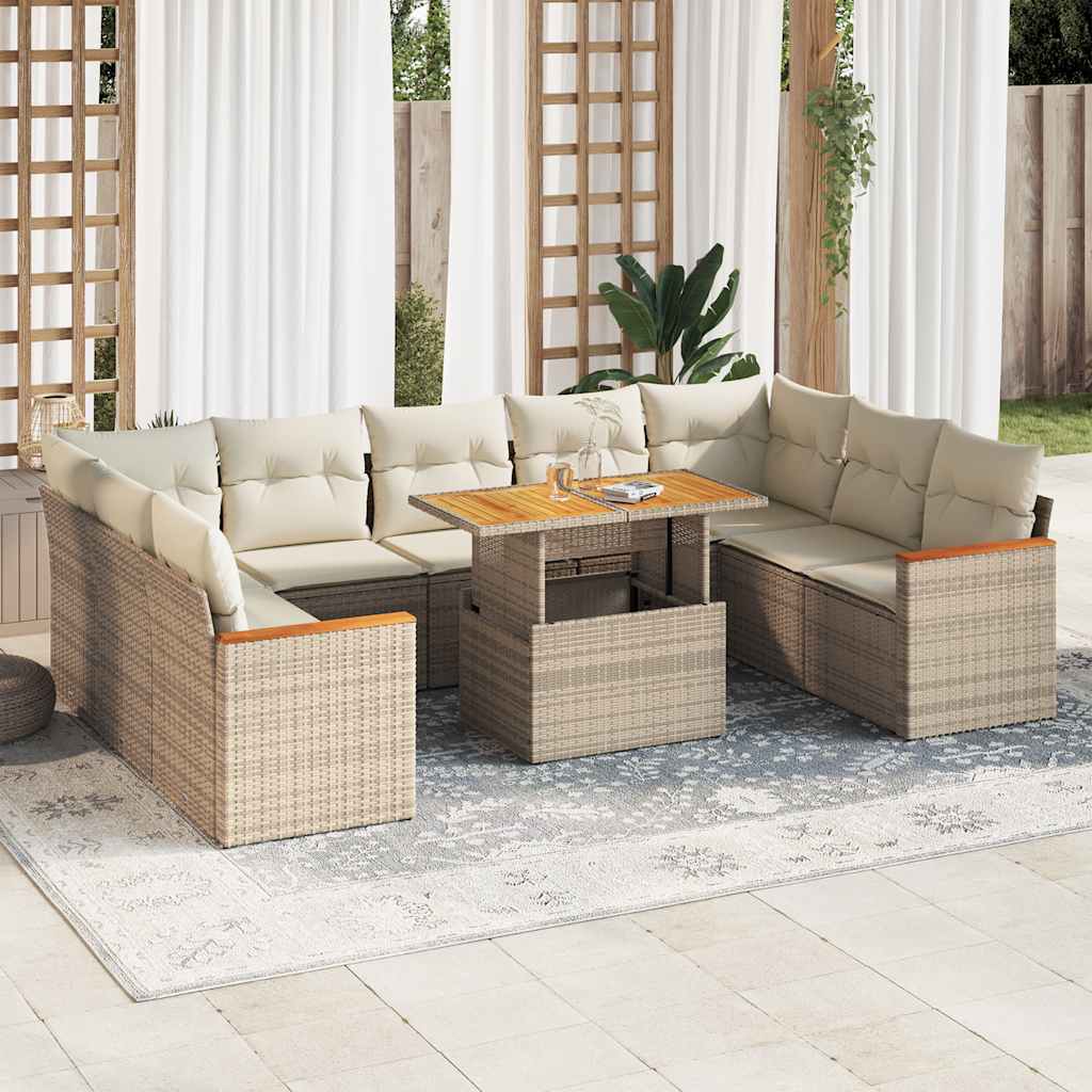10-delige Loungeset met kussens poly rattan acacia beige – afbeelding 1