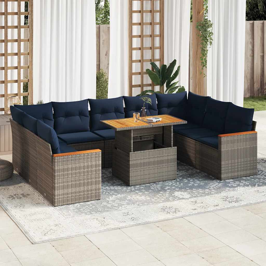 10-delige Loungeset met kussens poly rattan grijs – afbeelding 1