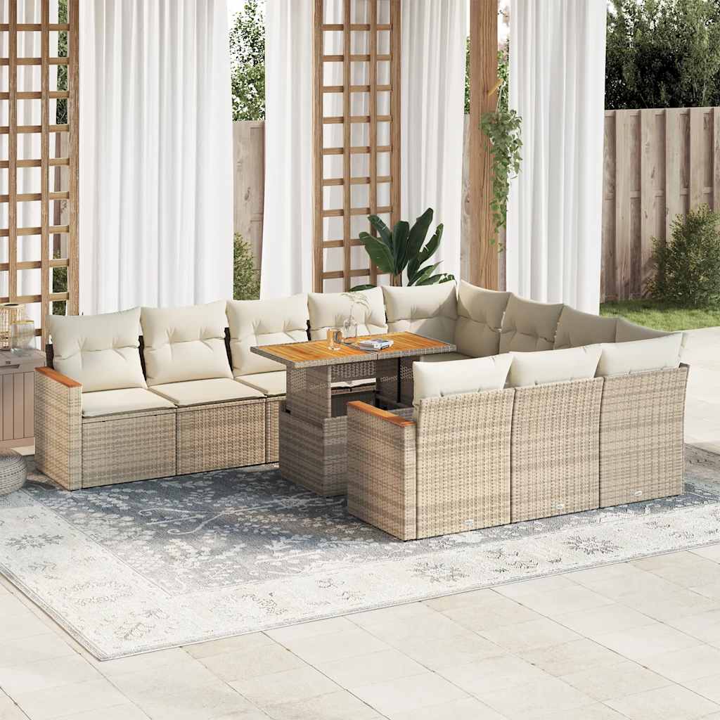11-delige Tuinset met kussens poly rattan acacia beige – afbeelding 1