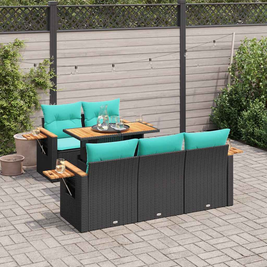 6-delige Loungeset met kussens poly rattan zwart – afbeelding 1