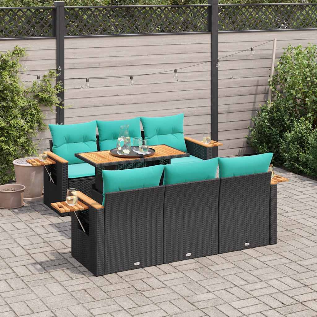 7-delige Loungeset met kussens poly rattan zwart – afbeelding 1