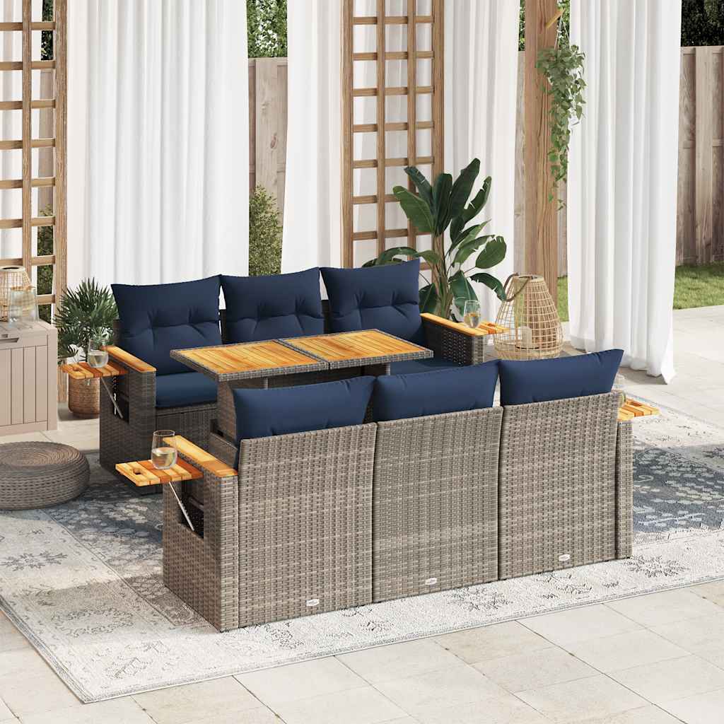 7-delige Loungeset met kussens poly rattan grijs – afbeelding 1