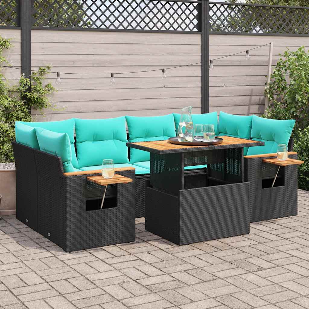 7-delige Loungeset met kussens poly rattan zwart – afbeelding 1